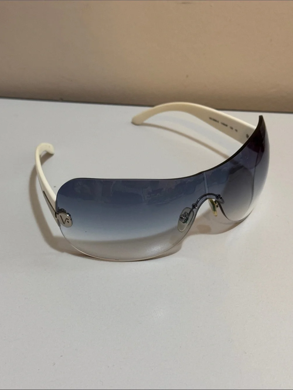 Vogue Women's White-Arm Shield Sunglasses with Gradient Blue Lens